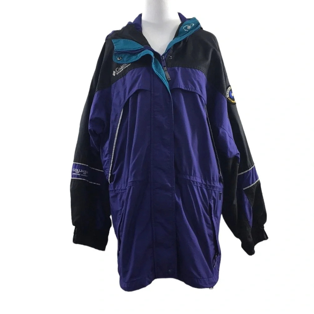 Columbia Premier Outdoor Purple Green Zip Up Snap Hooded Jacket Womens Medium
